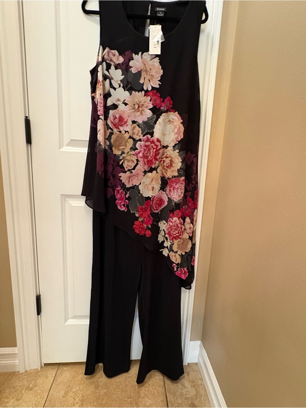 Black Floral Asymmetric Jumpsuit with Pink & Cream Blooms